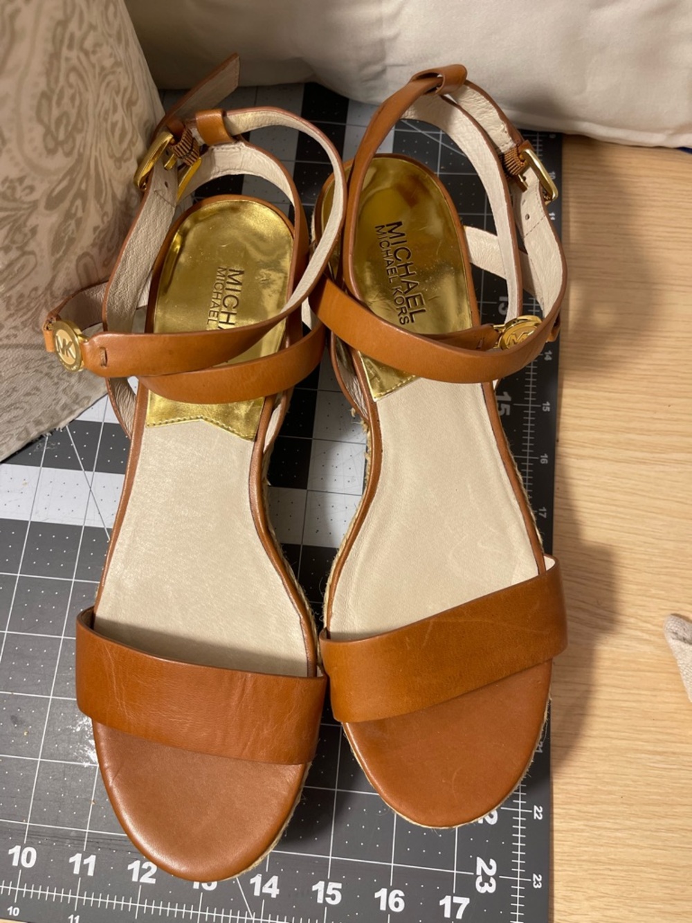 Michael Kors Brown Leather Ankle-Strap Sandals with Gold Footbed Accent